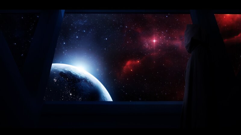 figure in cloak viewing planet