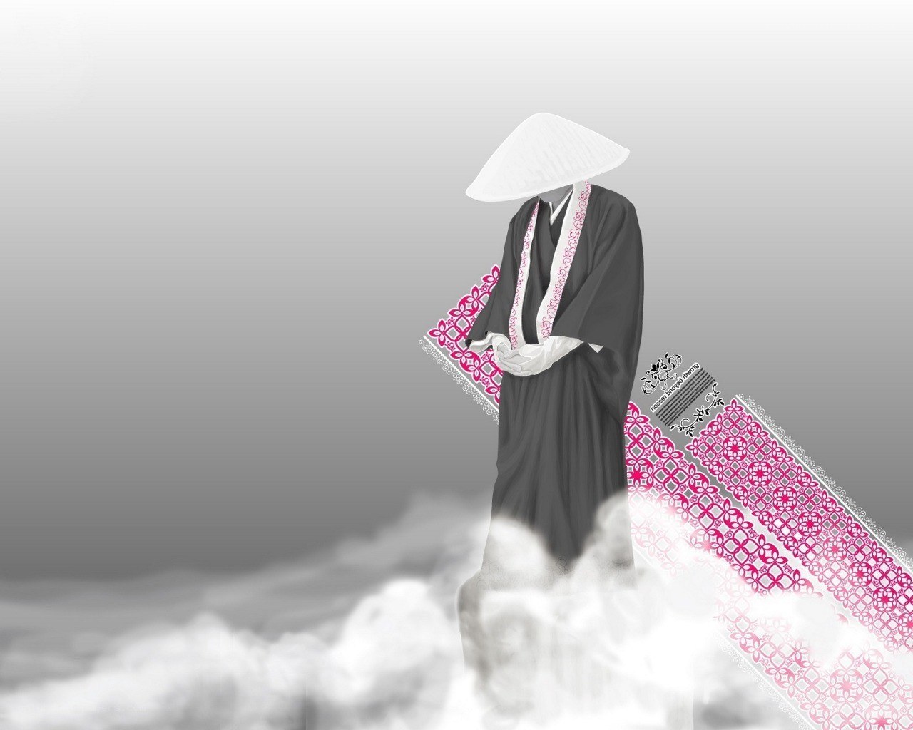 figure in conical hat with patterned cloth