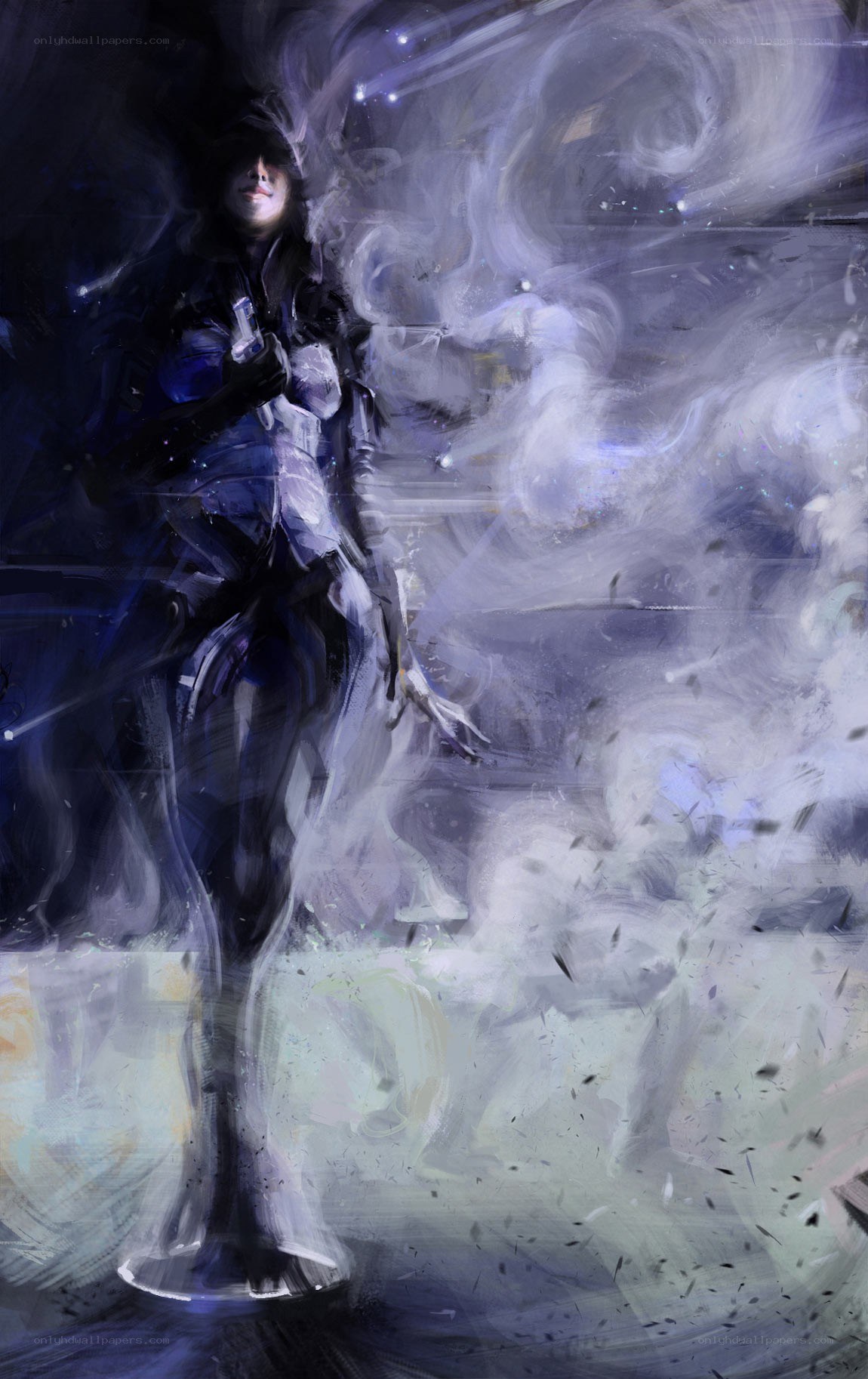 figure in dark armor with energy