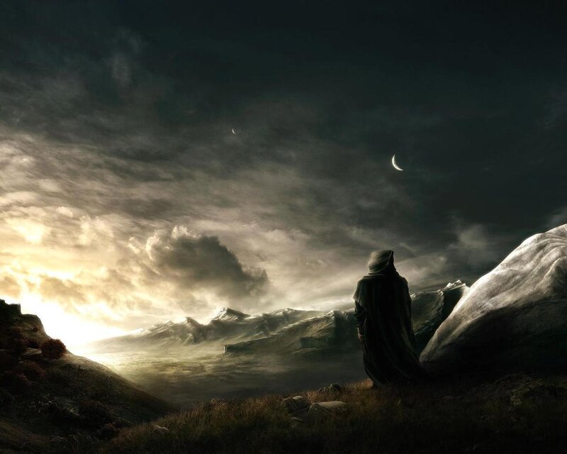 figure in dark cloak on hill