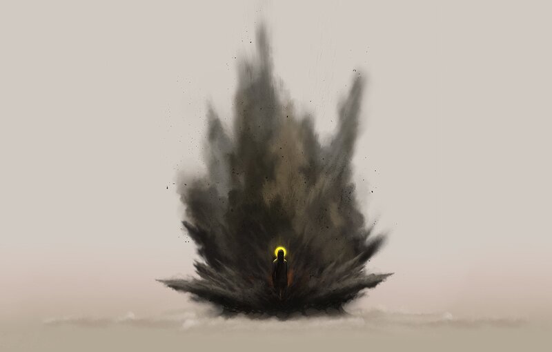 figure in dark explosion