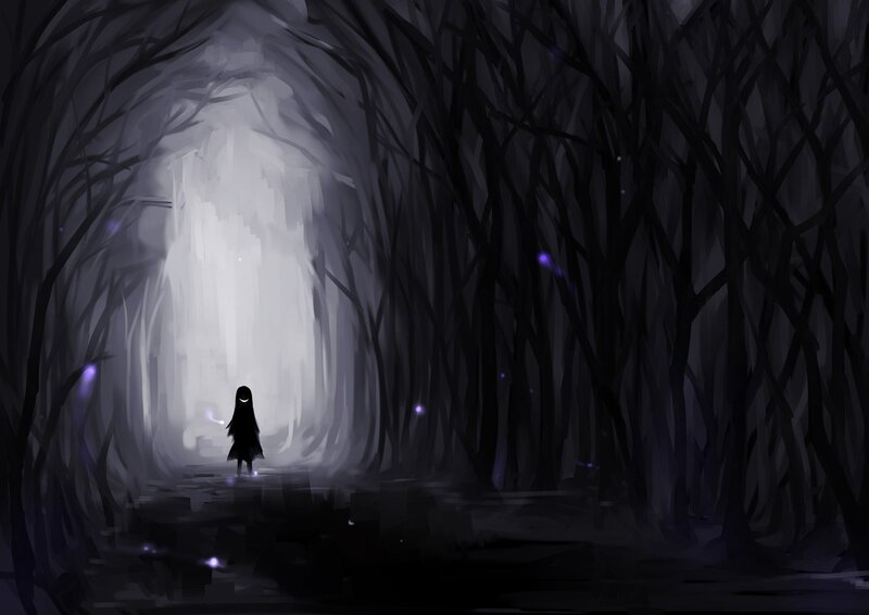 figure in dark forest tunnel