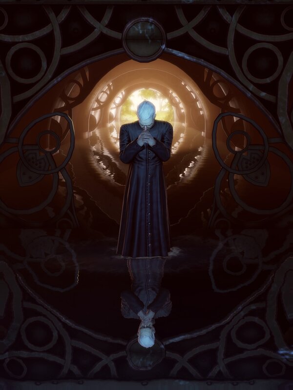 figure in dark robe praying