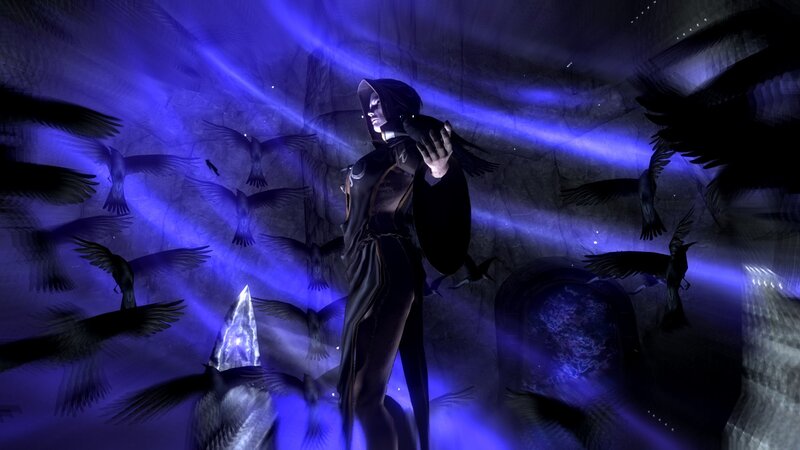 figure in dark robe surrounded by crows