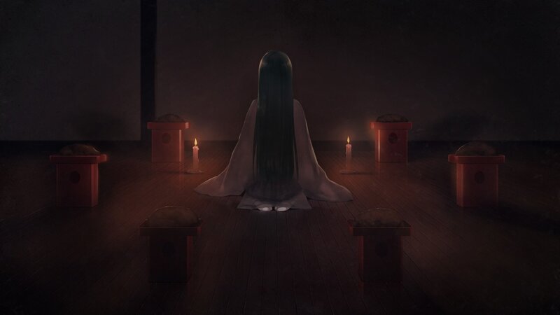 figure in dark room with candles