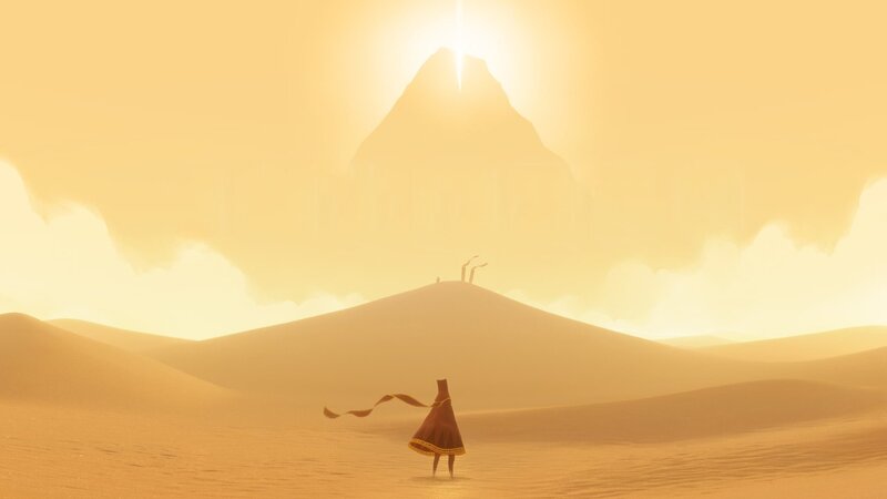 Figure in Desert — Yellow, Serene, Sunset, Digital Art, Sand Dunes