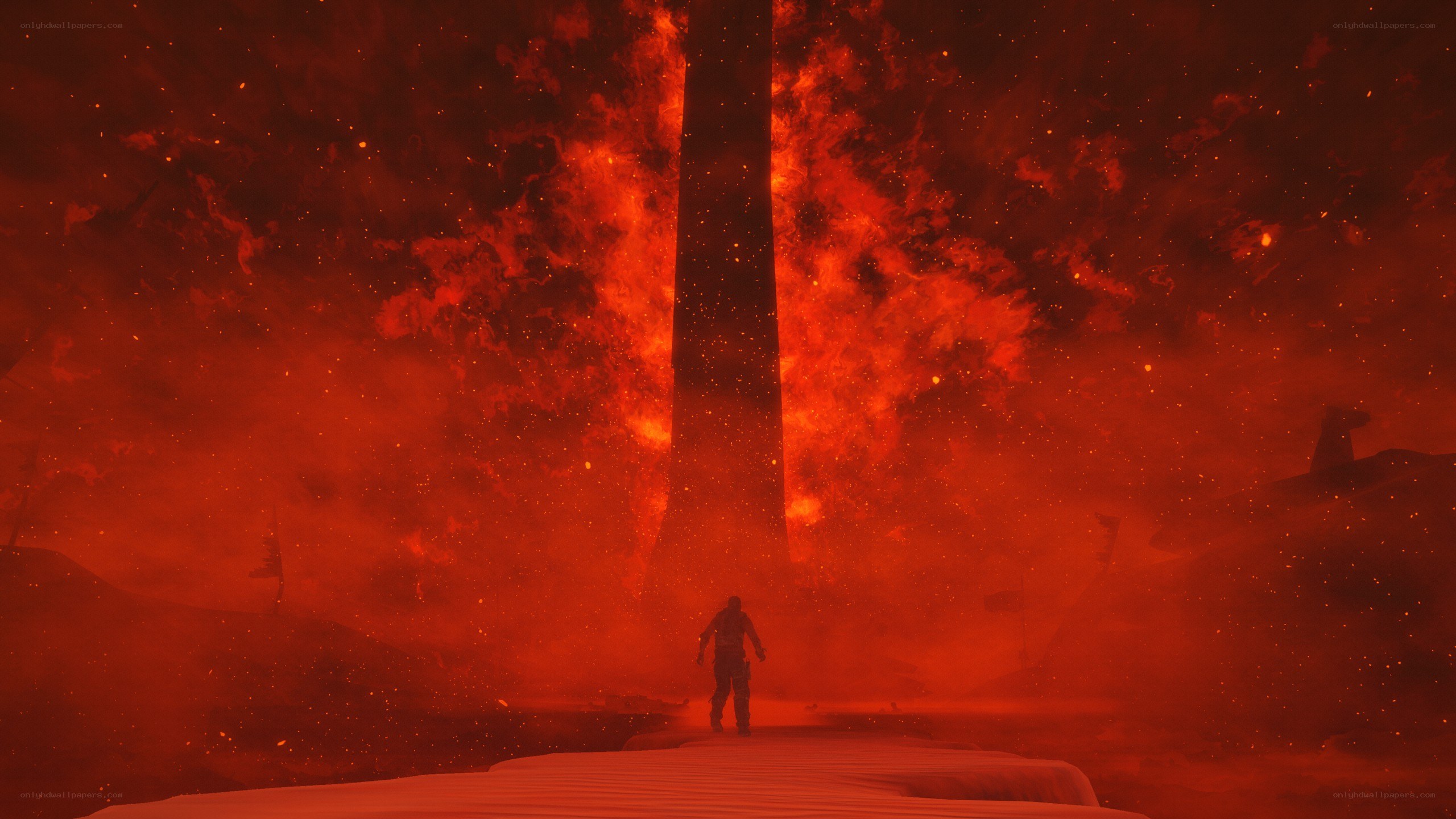 figure in fiery landscape