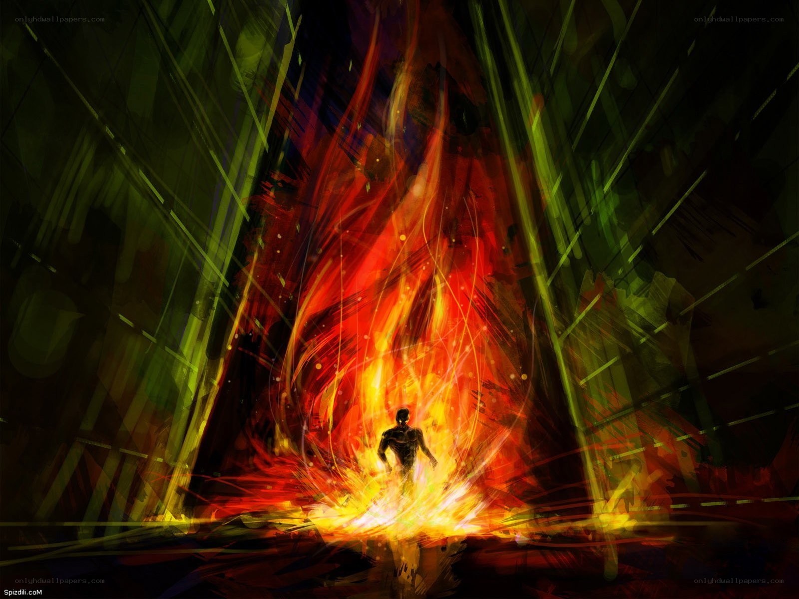 figure in fiery tunnel