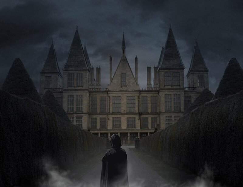 figure in front of a dark castle