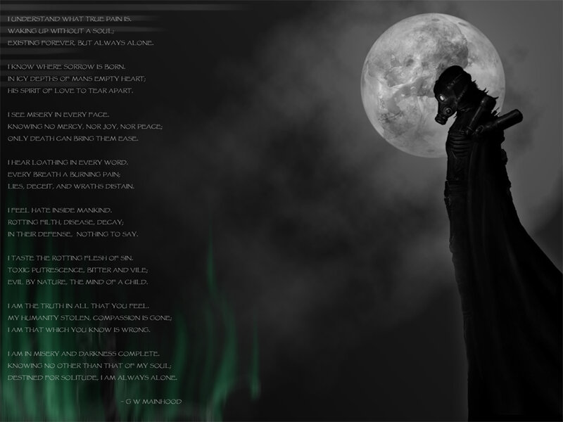Figure in Gas Mask — Black, Dramatic, Somber