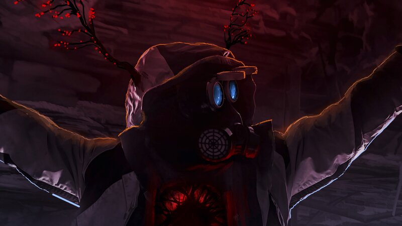Figure in Gas Mask — Black, Dramatic