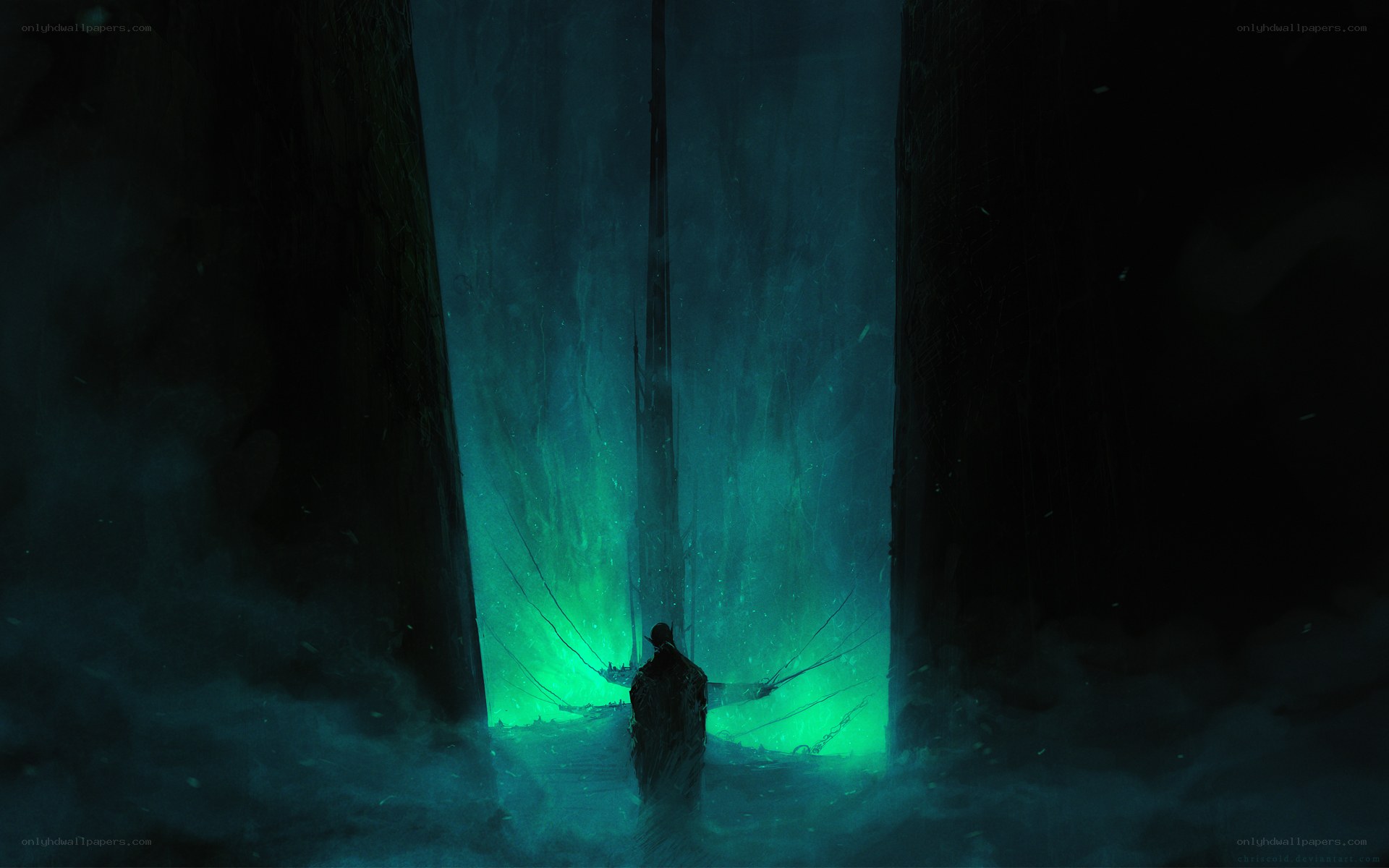 figure in glowing green cave