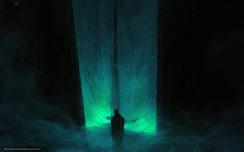 figure in glowing green tunnel
