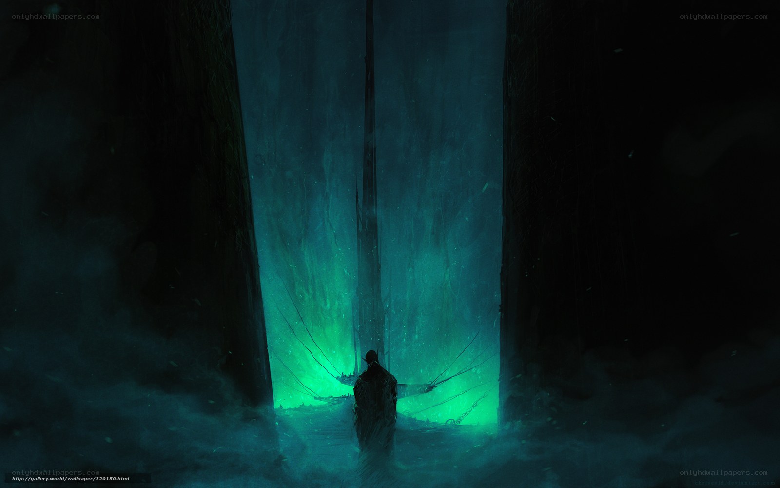 figure in glowing green tunnel