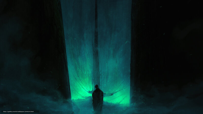 figure in glowing green tunnel