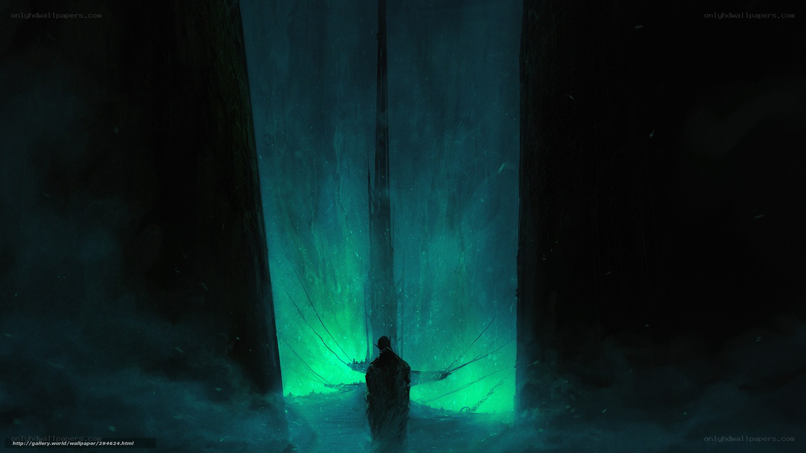 figure in glowing green tunnel