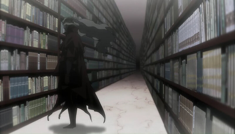 figure in library aisle