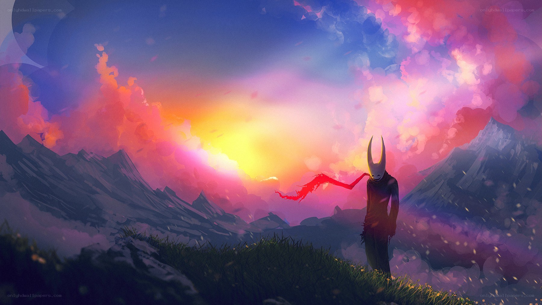 figure in mask at sunset