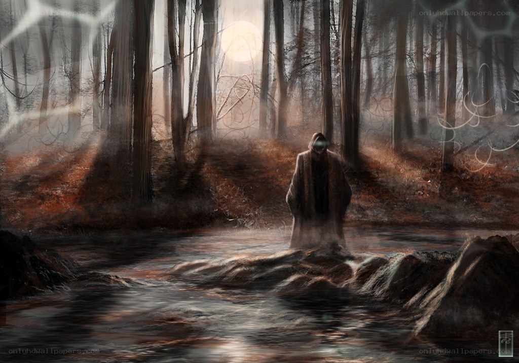 figure in misty forest