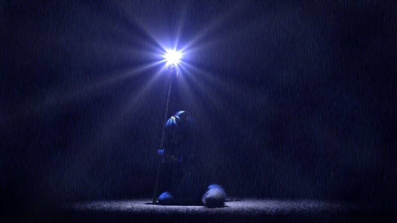 figure in rain with glowing staff