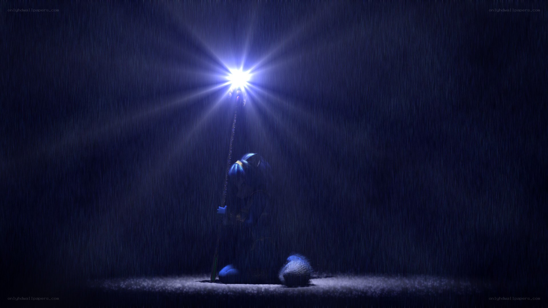 figure in rain with glowing staff