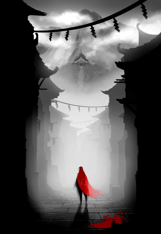 Figure in Red Cloak — Black, Dramatic, Night