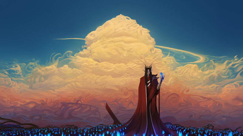 Figure in Red Cloak — Blue, Dramatic, Sunset
