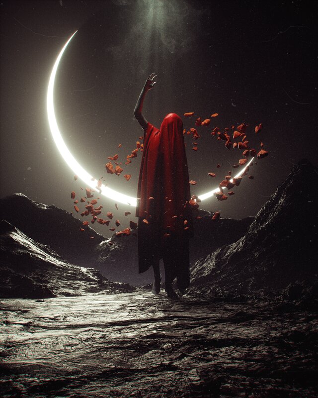 Figure in Red Cloak — Dramatic, Night, Digital Art, Crescent Moon