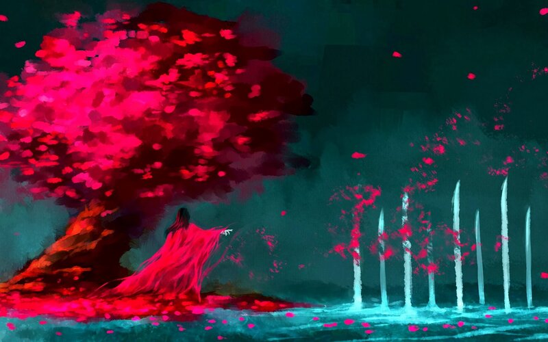 Figure in Red Cloak — Dramatic, Night, Digital Art, Tree