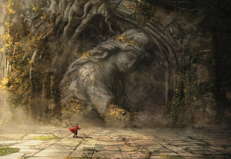 Figure in Red Cloak — Gray, Dramatic, Autumn