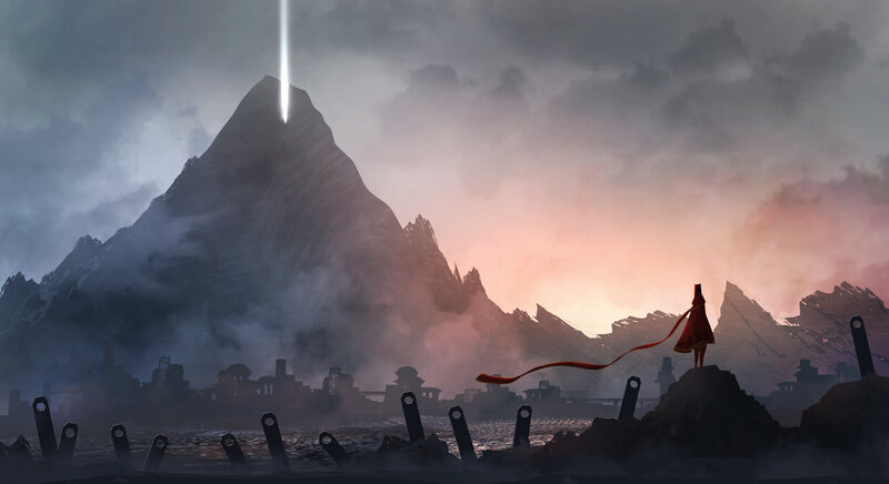 Figure in Red Cloak — Gray, Dramatic, Sunset