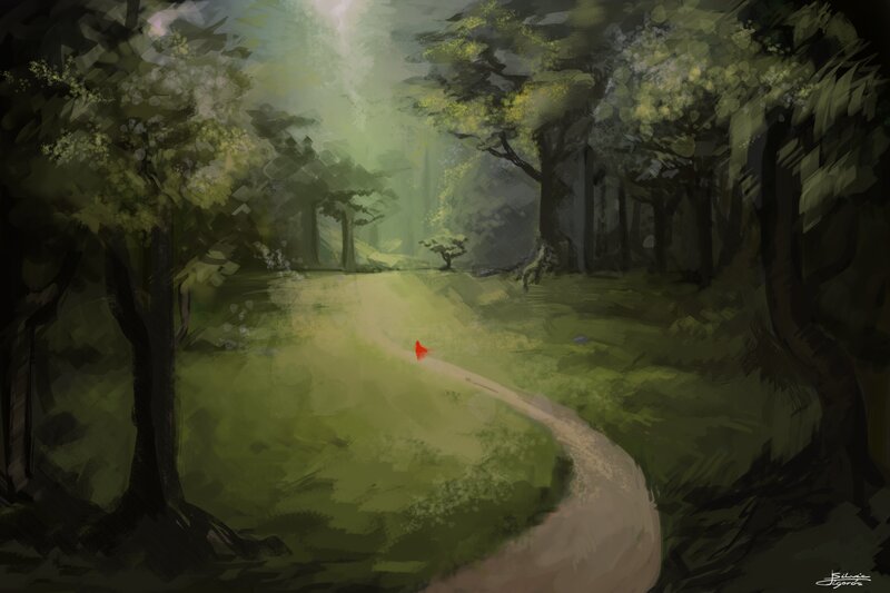 Figure in Red Cloak — Green, Serene, Morning