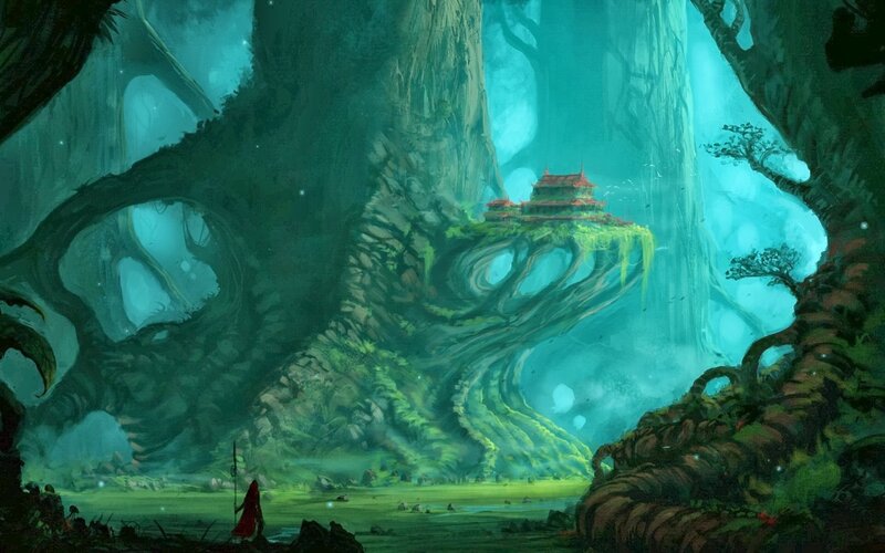 Figure in Red Cloak — Green, Serene