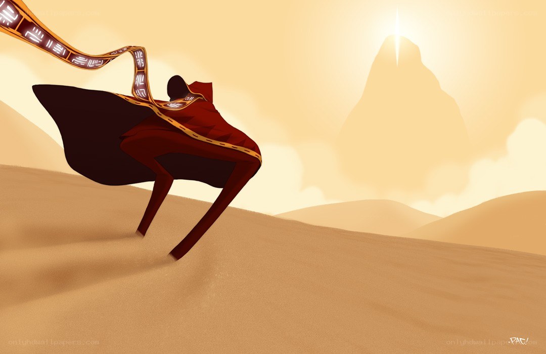 figure in red cloak on dunes