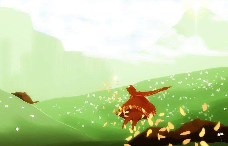 figure in red cloak on green hills