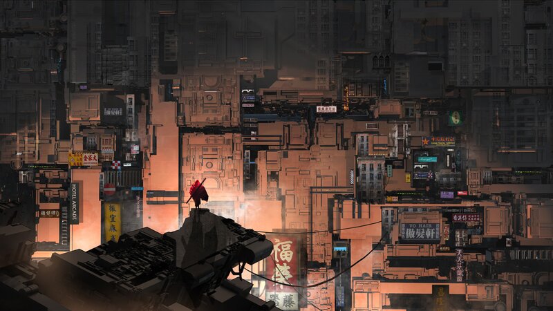 Figure in Red Cloak — Orange, Dramatic, Night