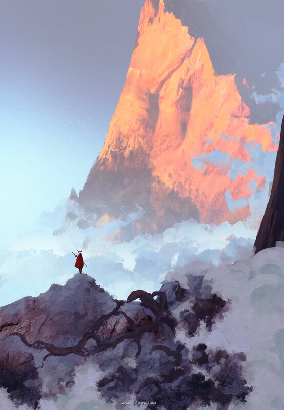 Figure in Red Cloak — Orange, Dramatic, Sunrise