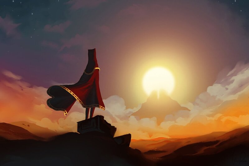 Figure in Red Cloak — Orange, Dramatic