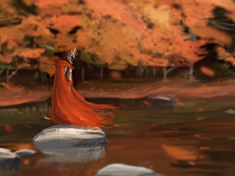 Figure in Red Cloak — Orange, Serene