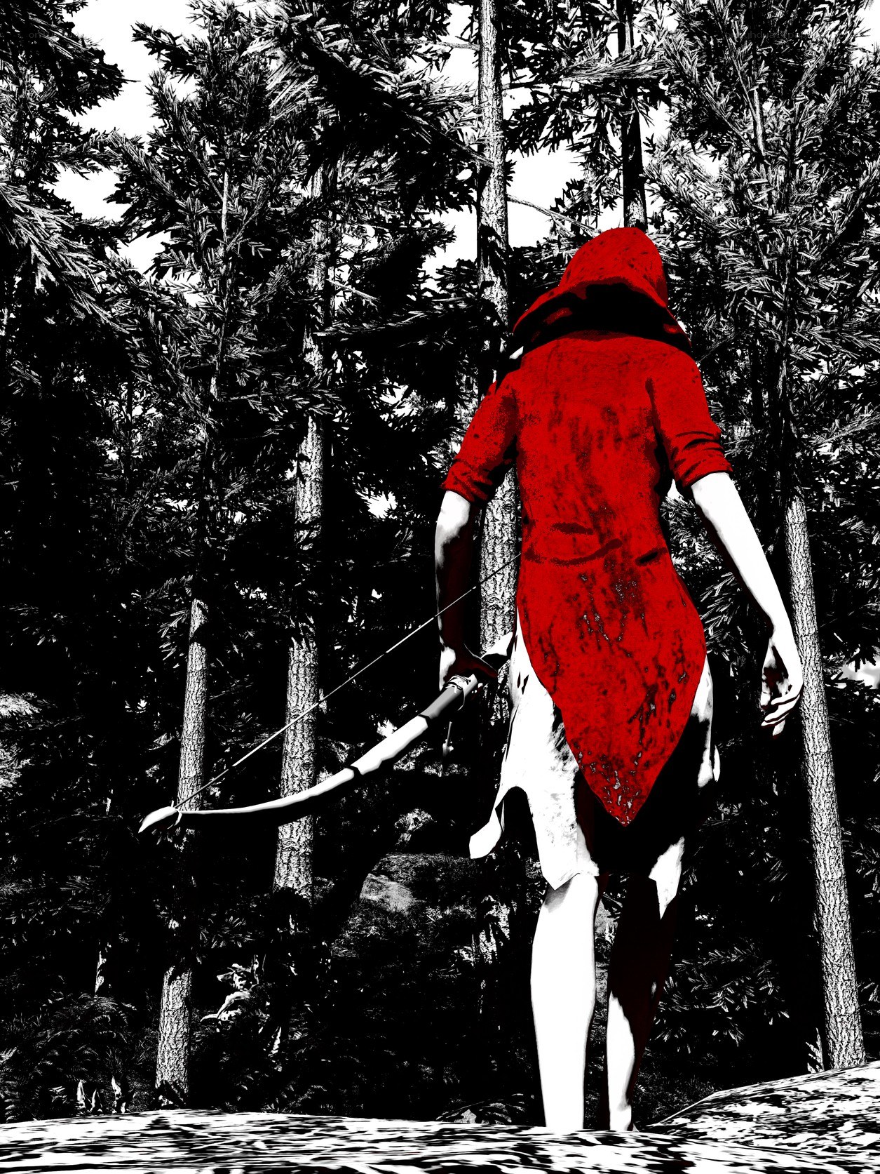 figure in red cloak with bow