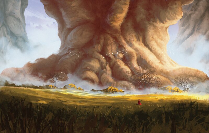 Figure in Red Cloak — Yellow, Dramatic, Sunset