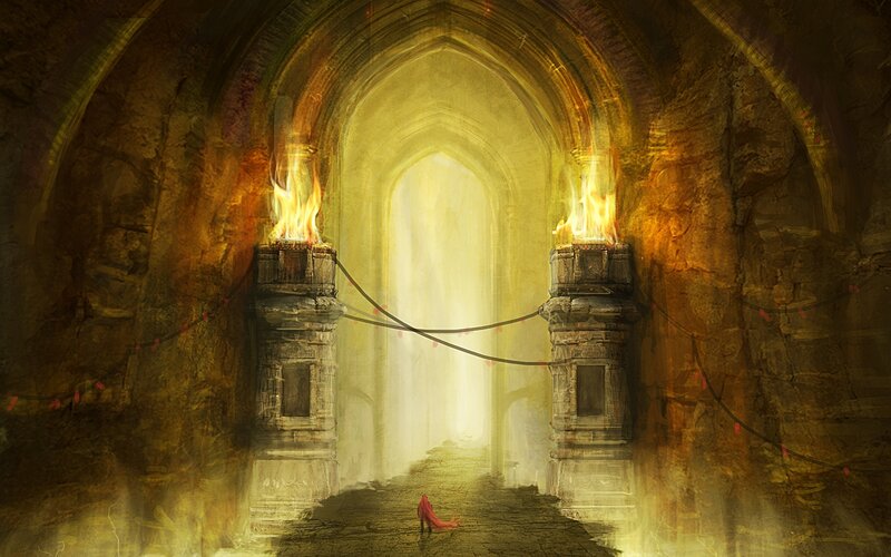 Figure in Red Cloak — Yellow, Dramatic