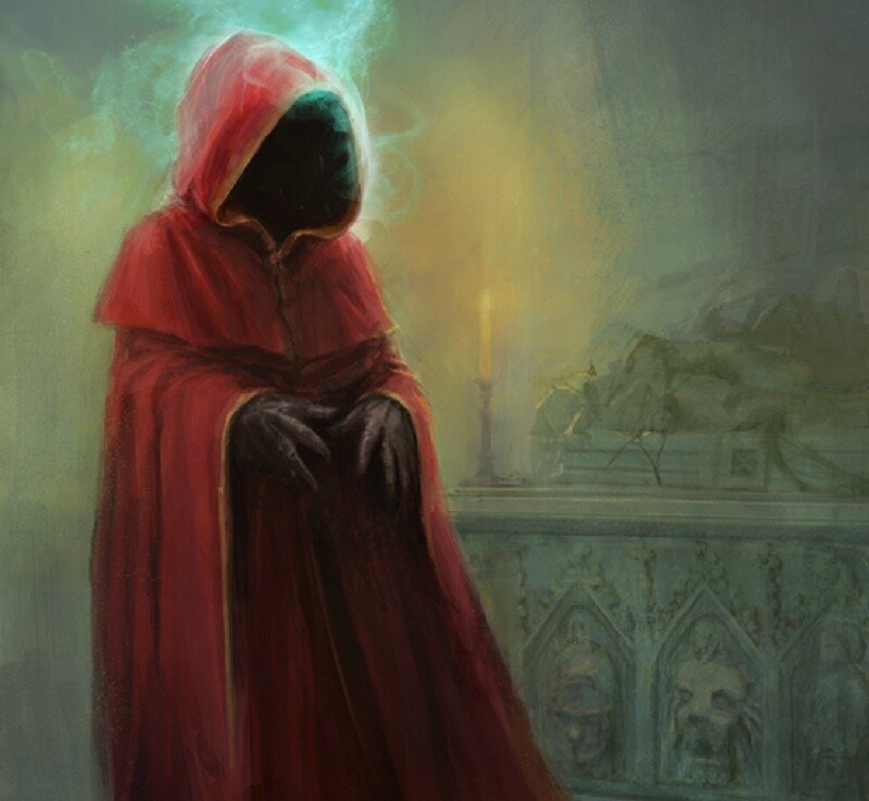 figure in red hooded cloak