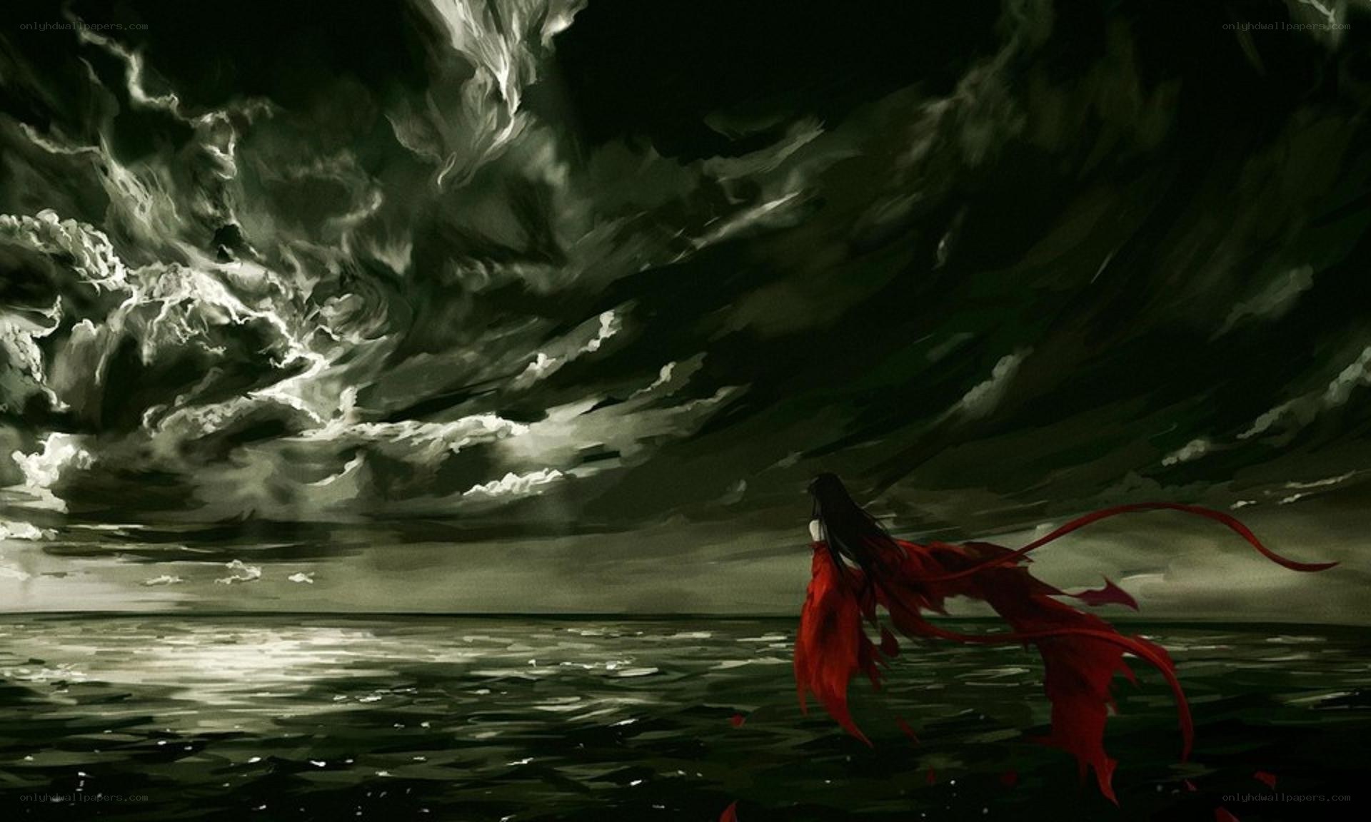 figure in red on a stormy sea