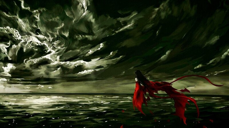 figure in red on stormy sea