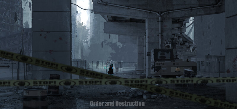 Figure in Ruined City — Gray, Dramatic