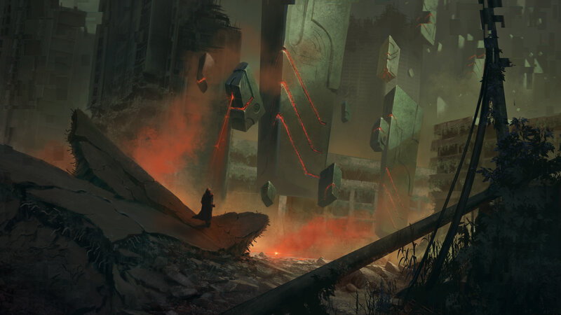 Figure in Ruined City — Gray