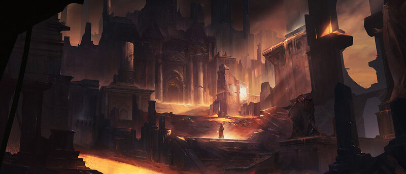 Figure in Ruined City — Orange, Dramatic