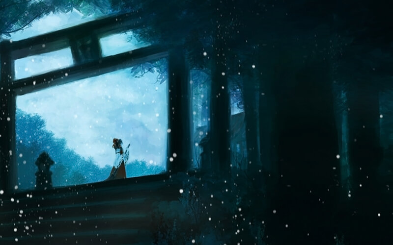 figure in snowy window