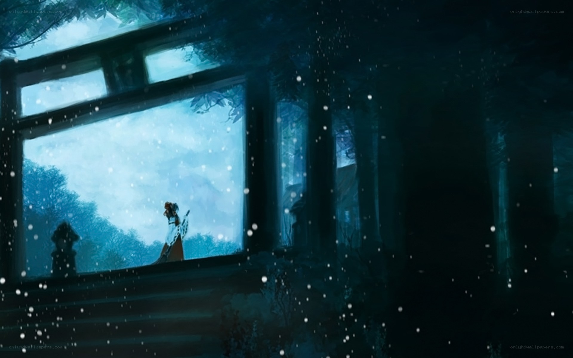 figure in snowy window